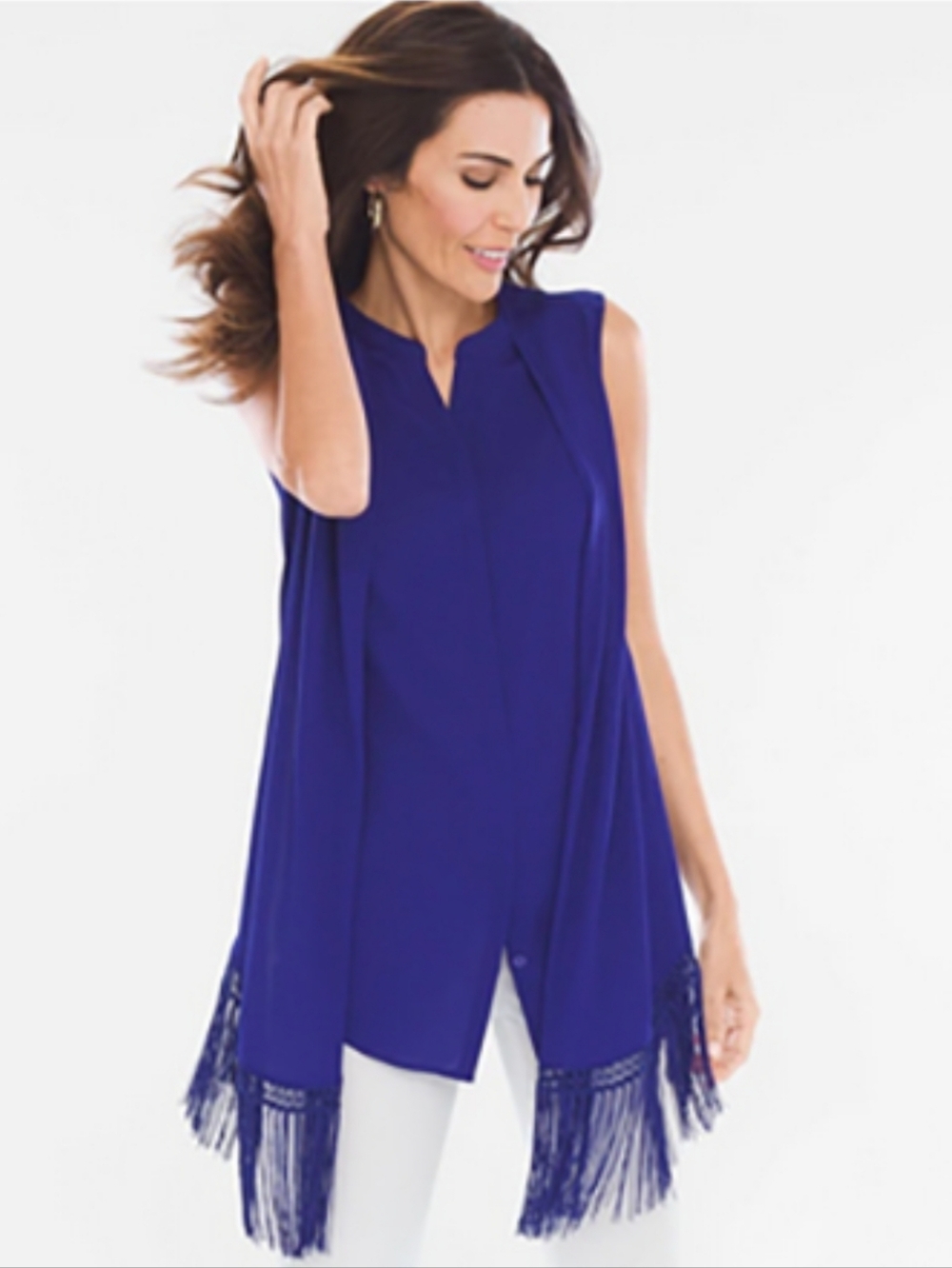 Frank Lyman Design Cobalt Blue Sleeveless Fringe-Hem Tunic